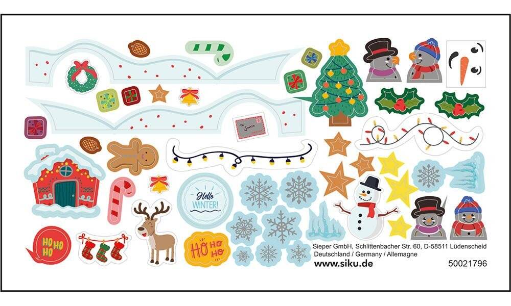 Blatt mit bunten festlichen Aufklebern mit einem Schneemann, Rentier, Weihnachtsbaum, Lebkuchenmann, Schneeflocken und verschiedenen Weihnachtskugeln.