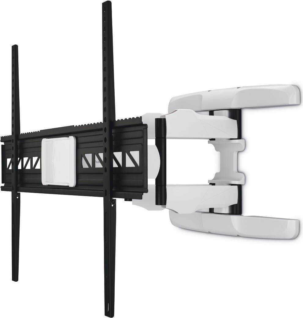 Eine TV-Wandhalterung mit verstellbaren Armen und vertikalen Halterungen, die für große Bildschirme konzipiert ist und in einer Seitenansicht dargestellt wird, um ihre Ausziehfunktion zu zeigen.