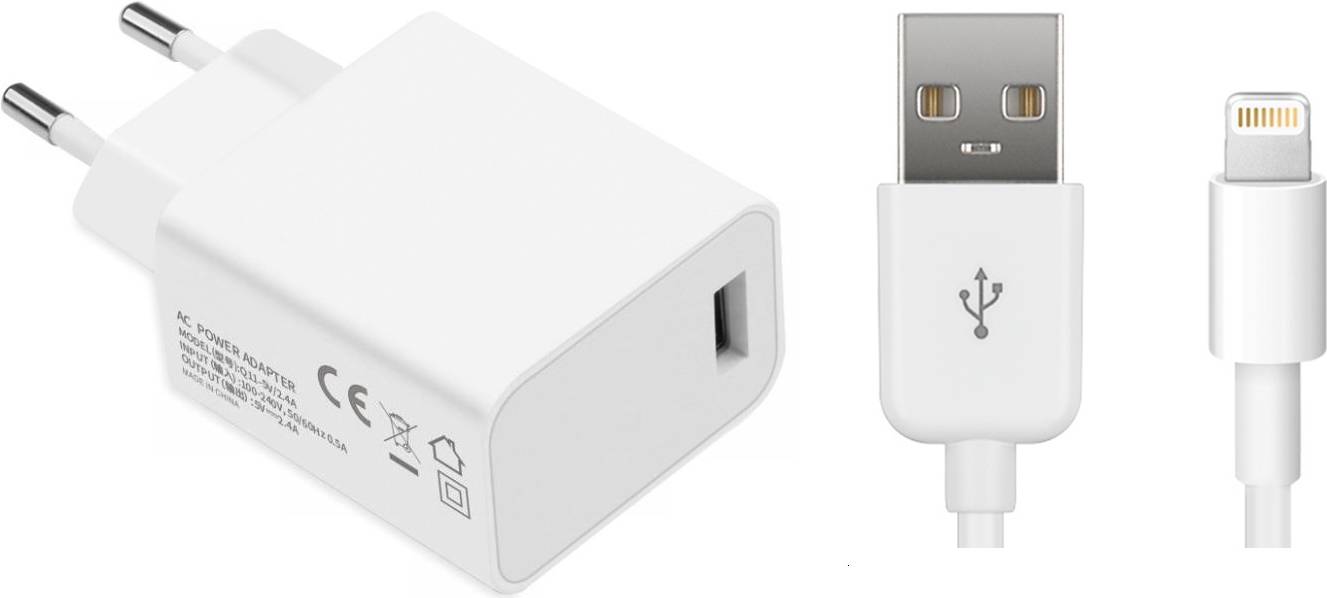 Ein weißes USB-Wandladegerät mit einem einzelnen USB-Anschluss, zusammen mit einem USB-Kabel.