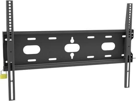 Eine schwarze Metallhalterung mit mehreren Befestigungsschlitzen und Löchern, konstruiert zur sicheren Befestigung von Objekten an einer Oberfläche.