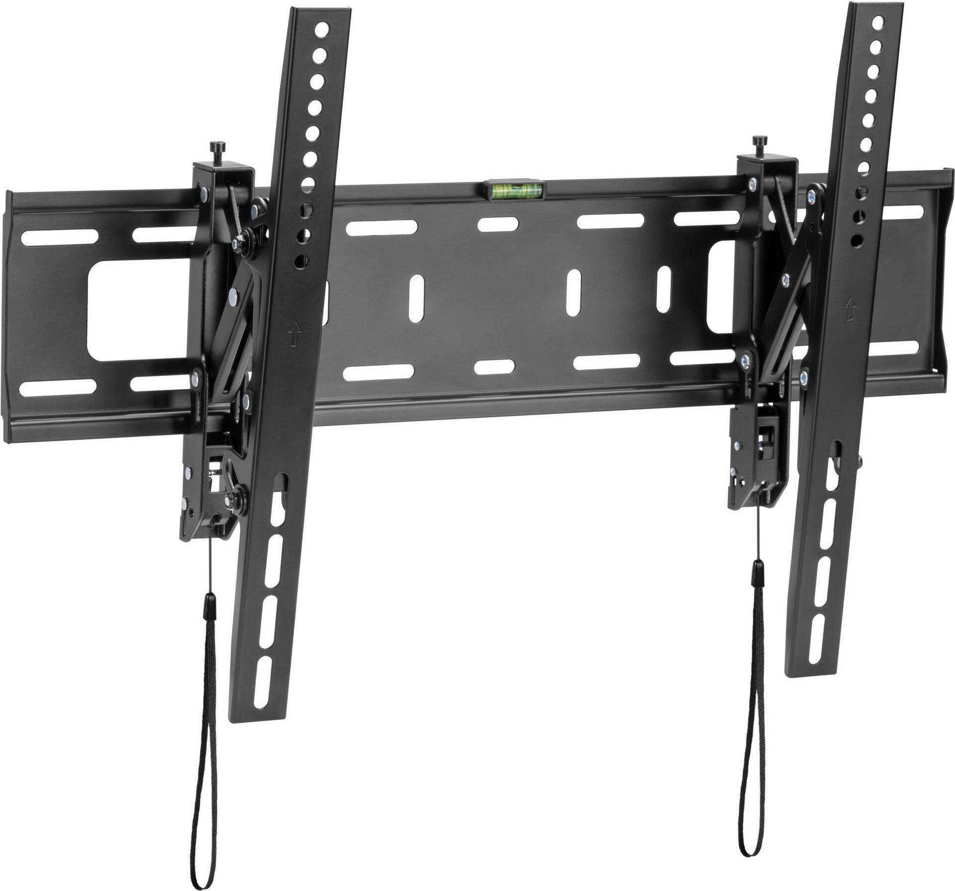 Eine Wandhalterung für Flachbildfernseher mit verstellbaren Neigungsfunktionen, die zum sicheren Halten großer Fernseher ausgelegt ist. Zwei Zugseile hängen darunter für Einstellungen.