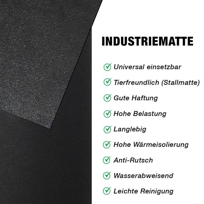 INDUSTRIEMATTE: Universal einsetzbar, Tierfreundlich (Stallmatte), Gute Haftung, Hohe Belastung, Langlebig, Hohe Wärmeisolierung, Antirutsch, Wasserabweisend, Leichte Reinigung.' Schwarze strukturierte Industriematte teilweise sichtbar.