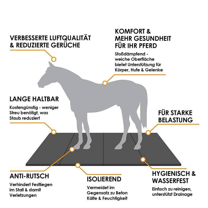 Diagramm, das die Vorteile von Pferdeboxenmatten zeigt: verbesserte Luftqualität, Komfort, Haltbarkeit, Rutschfestigkeit, Isolierung, Wasserdichtheit.