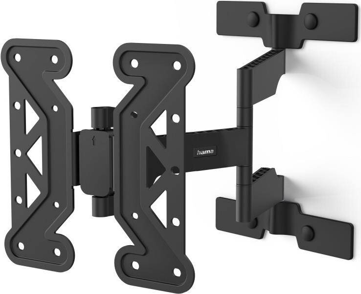 Schwarze Wandhalterung mit verstellbaren Armen zur Unterstützung von Flachbild-Fernsehgeräten. Mit mehreren Befestigungslöchern und Schwenkvorrichtung.