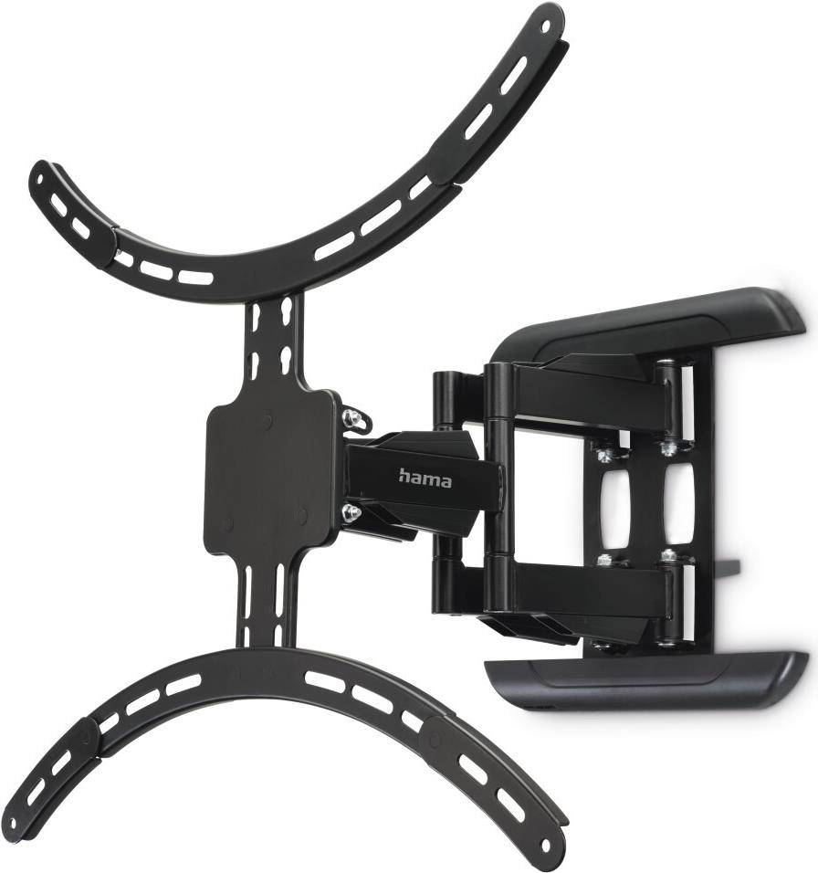 Eine schwarze verstellbare TV-Wandhalterung mit schwenkbarem Arm und gebogenen Halterungen, die für verschiedene TV-Größen ausgelegt ist und flexible Betrachtungswinkel ermöglicht.