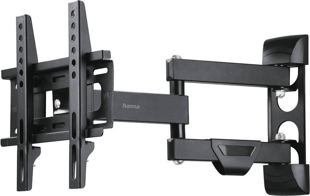 Verstellbare TV-Wandhalterung in Schwarz mit ausziehbarem Arm und Neigungsmechanismus für individuell anpassbare Betrachtungswinkel. Marke: Hama.