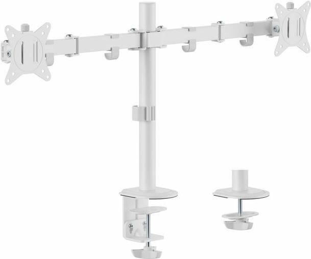 Dual-Monitor-Halterung mit verstellbaren Armen und Tischklemmen für die Befestigung am Schreibtisch. Ideal zur Maximierung des Schreibtischplatzes und zur ergonomischen Bildschirmpositionierung.