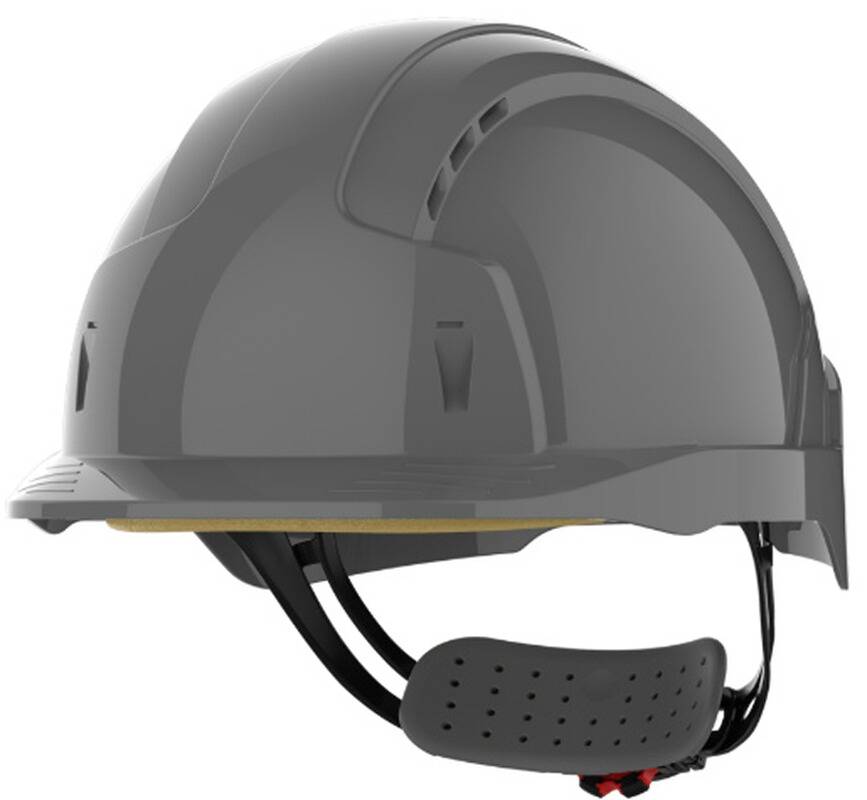 Ein grauer Schutzhelm mit Kinnriemen, mit Belüftungsschlitzen ausgestattet, entworfen für Bau- oder Industriegebrauch.