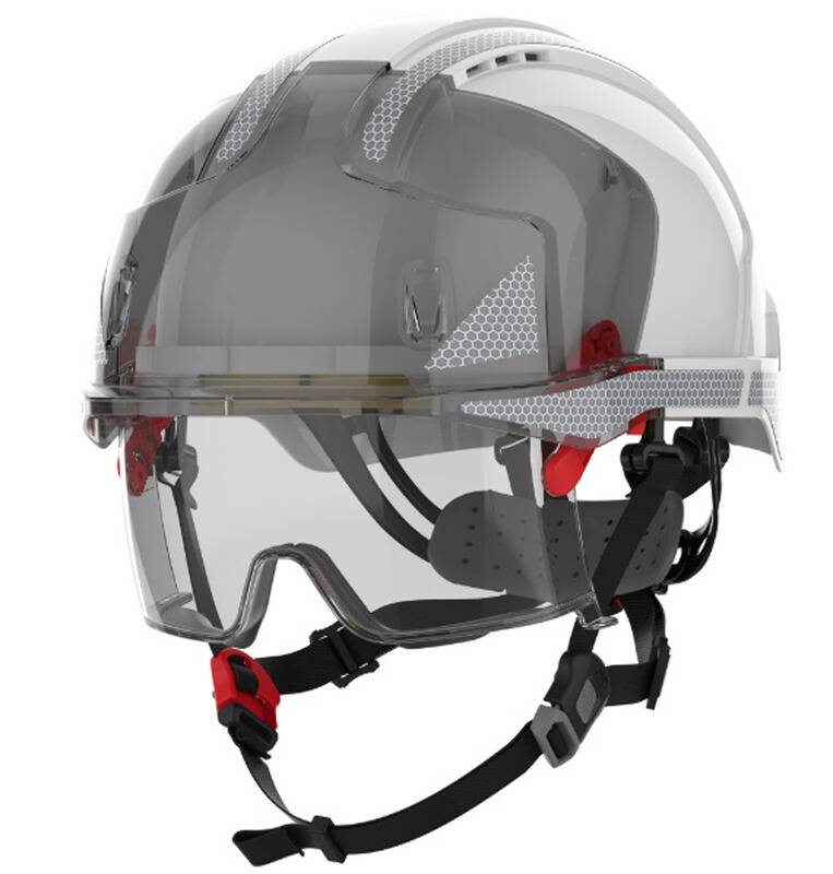 Ein klarer Sicherheitshelm mit integriertem Visier und Kopflampe, ausgestattet mit roten Riemen und einem schwarzen Kinnriemen, konzipiert für Bauarbeiten.