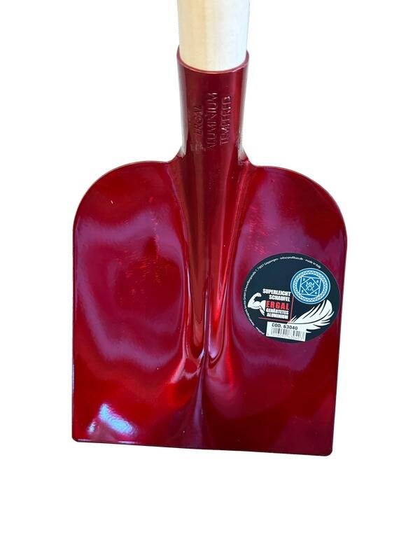 Rote Schneeschaufelklinge mit einem Aufkleber mit der Aufschrift „Superflow, Clean Look, Snow Shovel, Con S2040