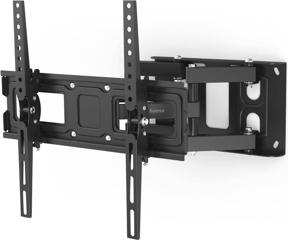 Eine schwarze verstellbare Wandhalterung für Flachbildfernseher mit mehreren Schwenkpunkten für unterschiedliche Winkel, geeignet für den Hausgebrauch.