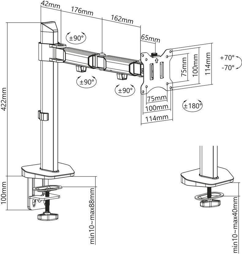Eine technische Zeichnung eines Monitorarms. Sie zeigt Abmessungen, Rotationswinkel und Montagekonstruktionsdetails. Die wichtigsten Messungen sind in Millimetern gekennzeichnet.