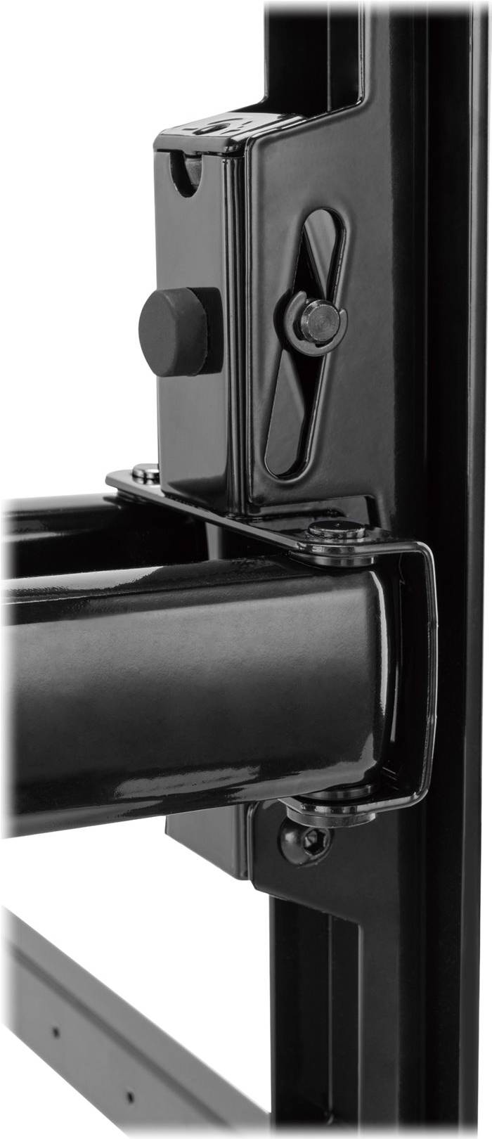 Nahaufnahme eines schwarzen Metallscharnier- und Verschlusssystems an einem Gerät, das glatte reflektierende Oberflächen und präzise Konstruktionsdetails zeigt.