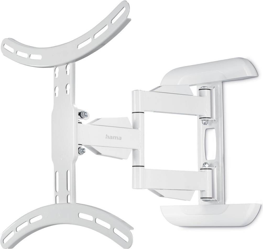 Wandmontierter, weißer, verstellbarer Fernseh-Halterung mit Neigungs- und Schwenkfunktion, geeignet für flache und gekrümmte Bildschirme, montiert auf einer weißen Oberfläche.
