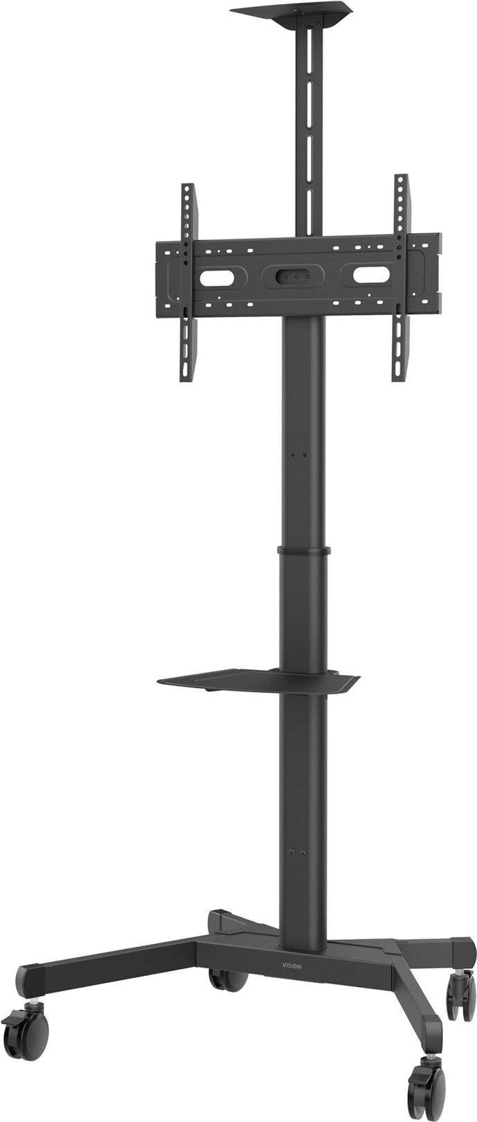 Schwarzer Metall-TV-Ständer mit Befestigungsbügeln und einem einzelnen Regal. Entworfen für moderne Flachbildfernseher im minimalistischen Stil.
