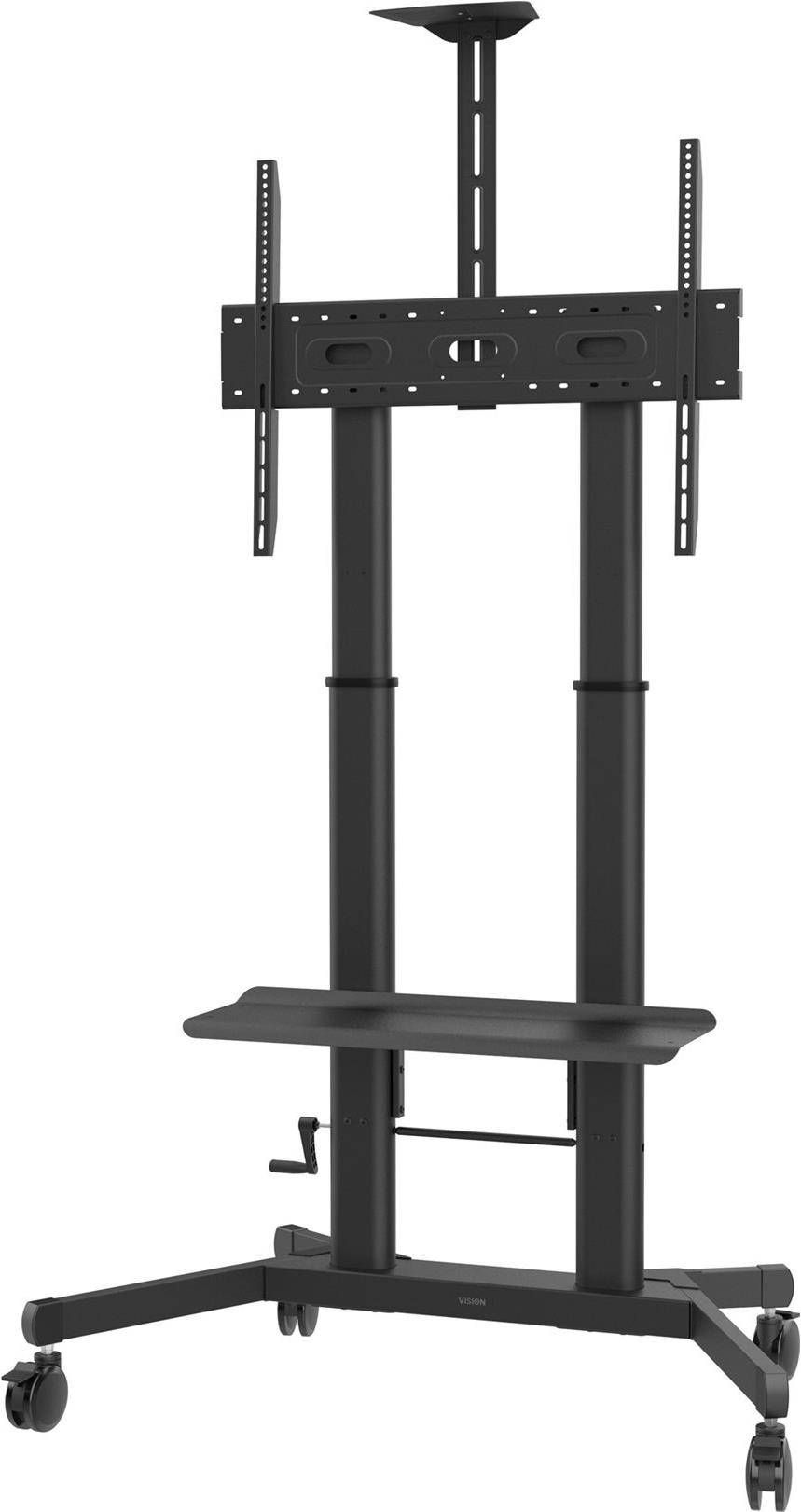 Ein schwarzes TV-Ständer mit einer verstellbaren Montageklammer und einem kleinen Regal darunter, geeignet zum Aufstellen eines Fernsehers oder Monitors.