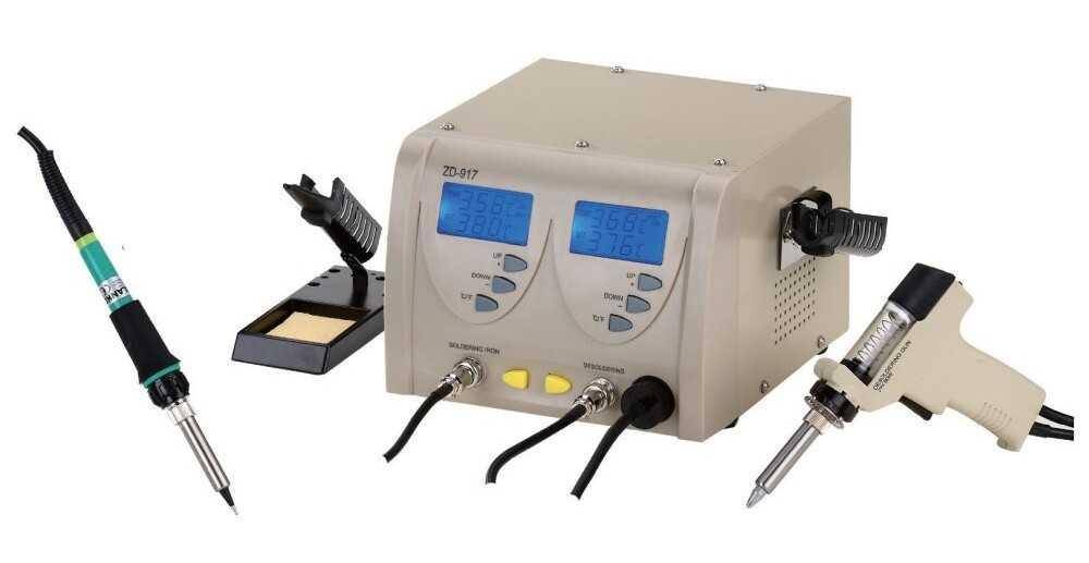 Lötstation mit zwei Kanälen und digitalen Temperaturanzeigen, je eine für jeden Kanal. Inklusive Lötkolben, Ständer und Schwammhalter.