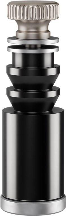 Ein schwarzes, zylindrisches, mehrstufiges Objekt mit abgeschrägten Kanten; seine glatte, reflektierende Oberfläche deutet auf ein modernes, industrielles Design hin.