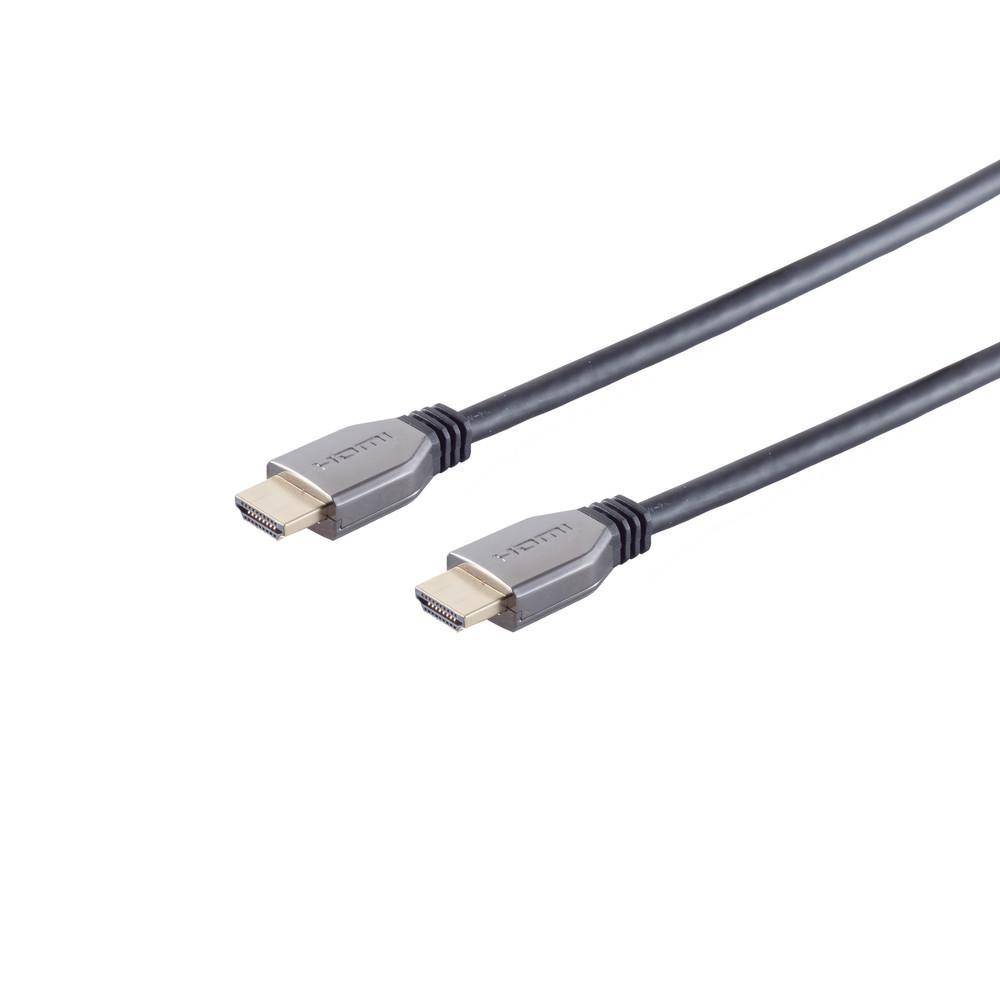 Ein schwarzes HDMI-Kabel mit zwei identischen Steckern an jedem Ende, mit der Aufschrift „HDMI