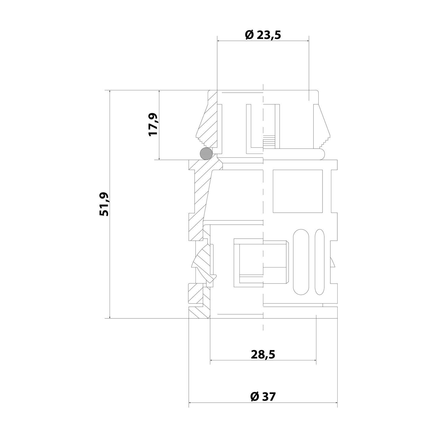 Technische Zeichnung eines Maschinenteils mit Abmessungen: 51,9 mm Höhe, 23,5 mm und 37 mm Durchmesser, 17,9 mm Breite.