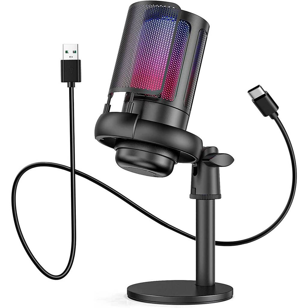Ein schwarzes USB-Mikrofon auf einem Ständer mit RGB-Beleuchtung, geeignet zum Streamen und Aufnehmen. Es wird mit einem USB-Kabel zur Verbindung geliefert.