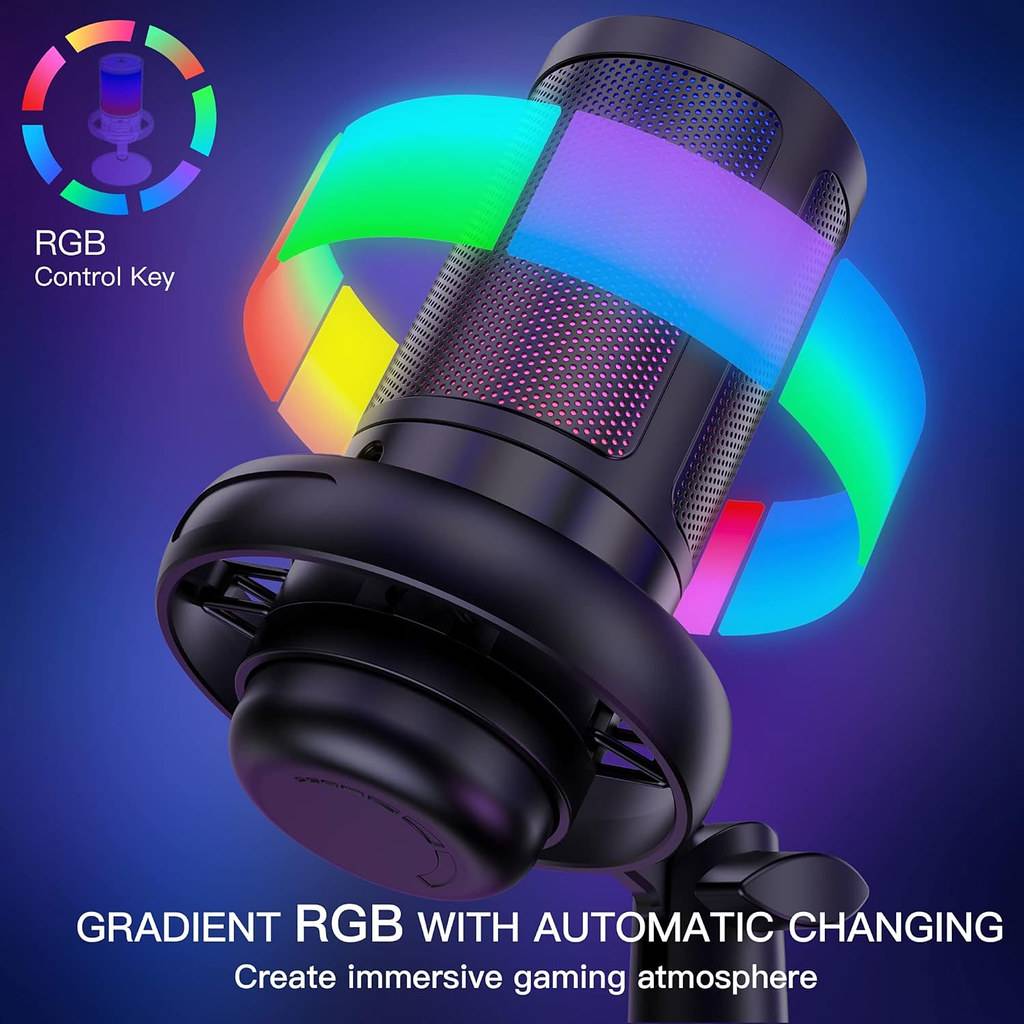Ein Mikrofon mit RGB-Beleuchtung und Text „Gradient RGB mit automatischem Farbwechsel. Schaffen Sie eine immersive Gaming-Atmosphäre