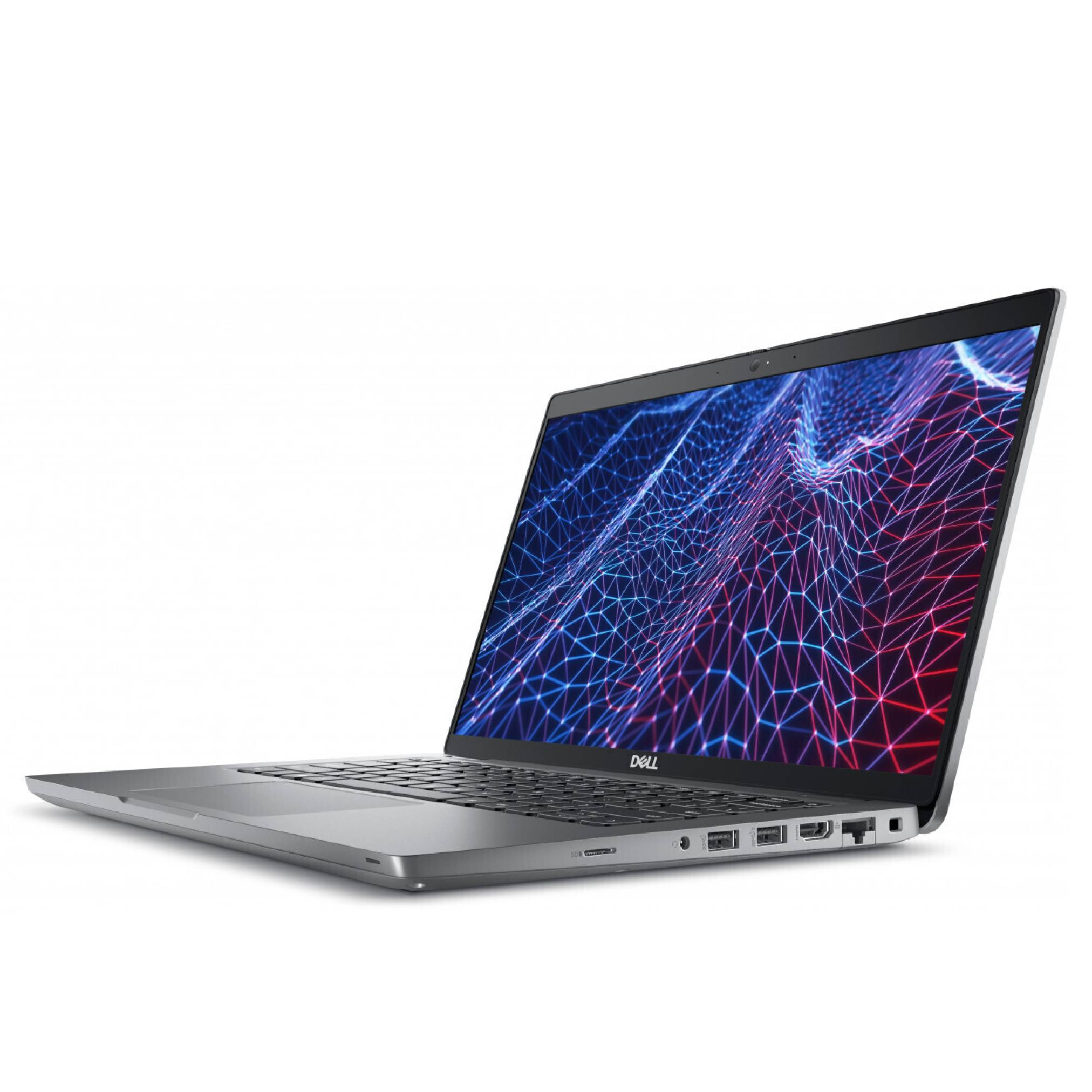 Ein silberner Laptop mit einem beleuchteten, offenen Bildschirm, der ein geometrisches, rot und blaues Drahtgittermodell auf schwarzem Hintergrund anzeigt.