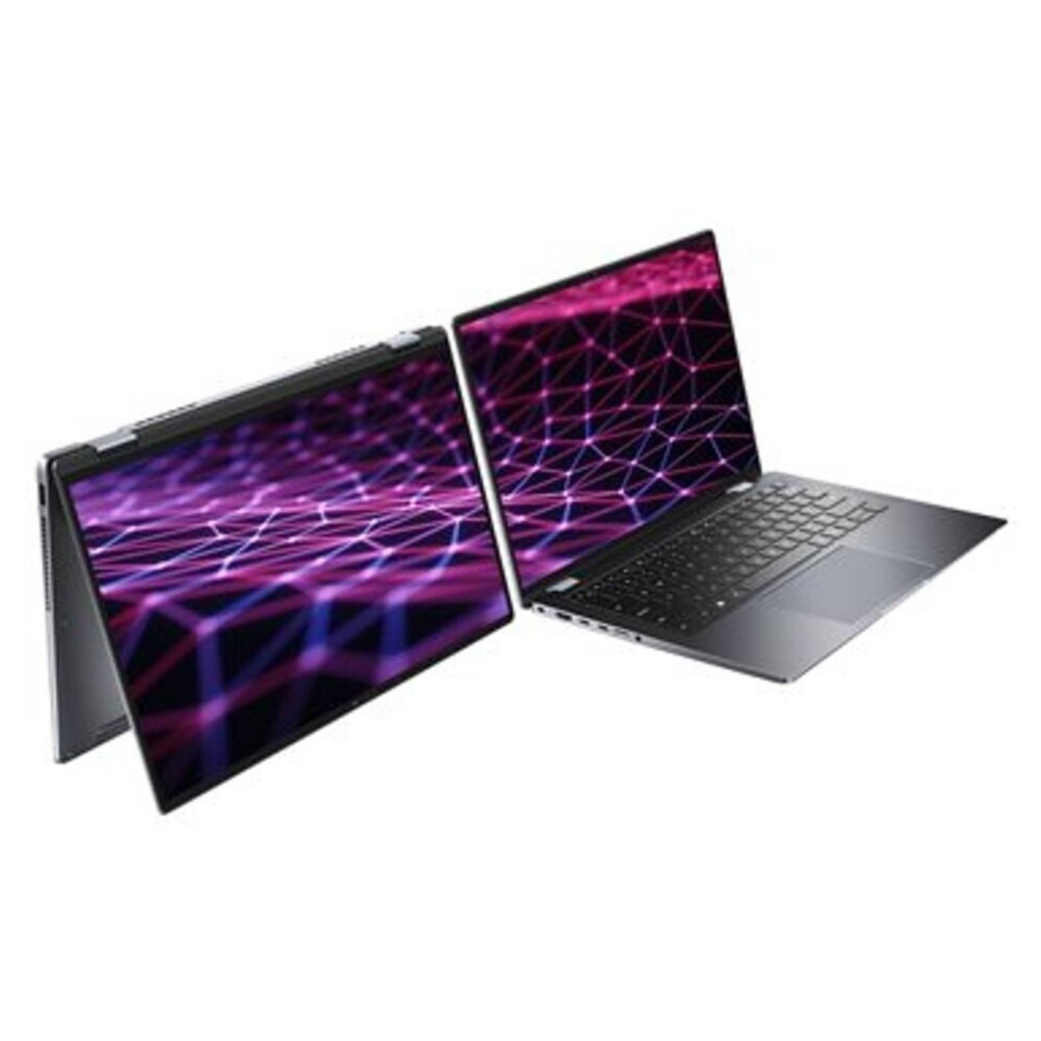 Zwei elegante Laptops mit lebendigen geometrischen Mustern auf den Bildschirmen, ausgestattet mit dünnen Rahmen und beleuchteten Tastaturen, im Winkel angeordnet, um Vielseitigkeit zu demonstrieren.