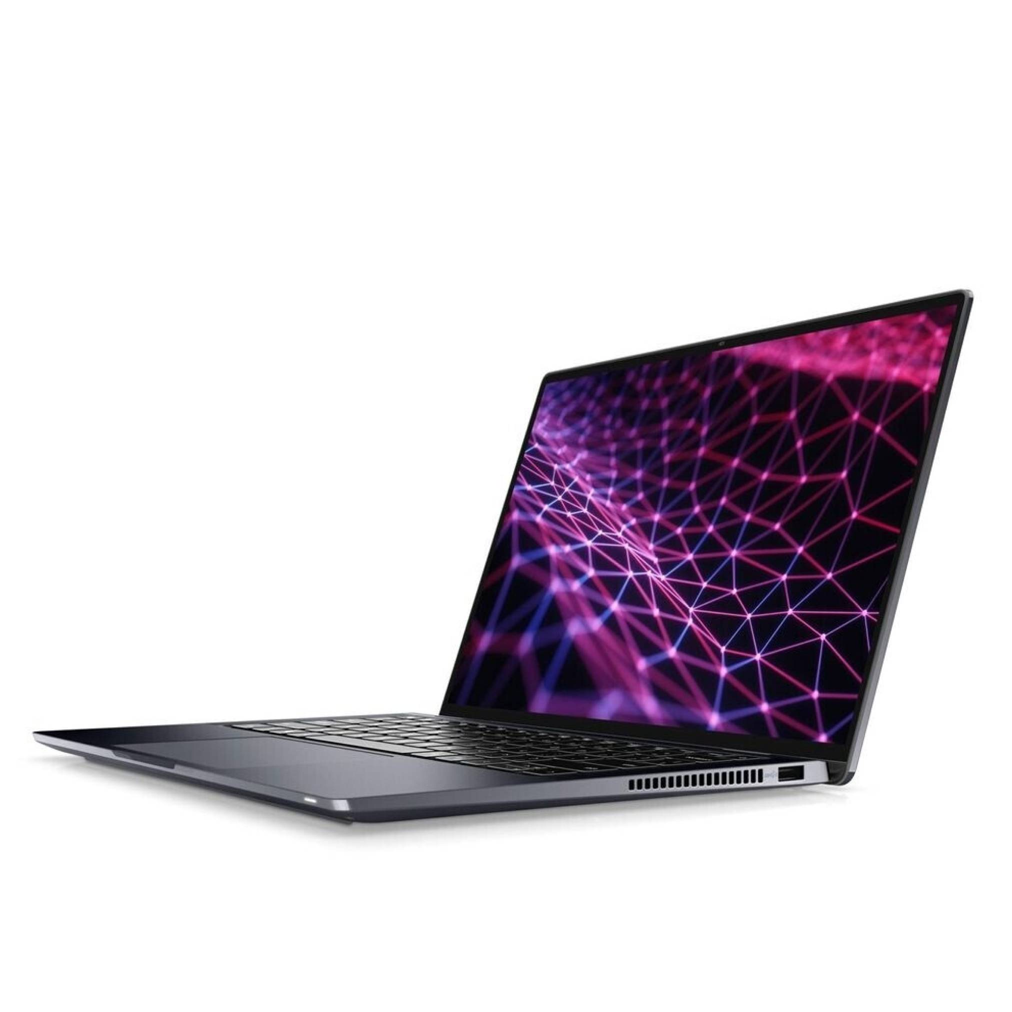 Ein schlanker, aufgeklappter Laptop mit einem Bildschirm, der lebendige geometrische Muster in Violett und Rosa anzeigt und ein hochmodernes, zeitgenössisches Design suggeriert.