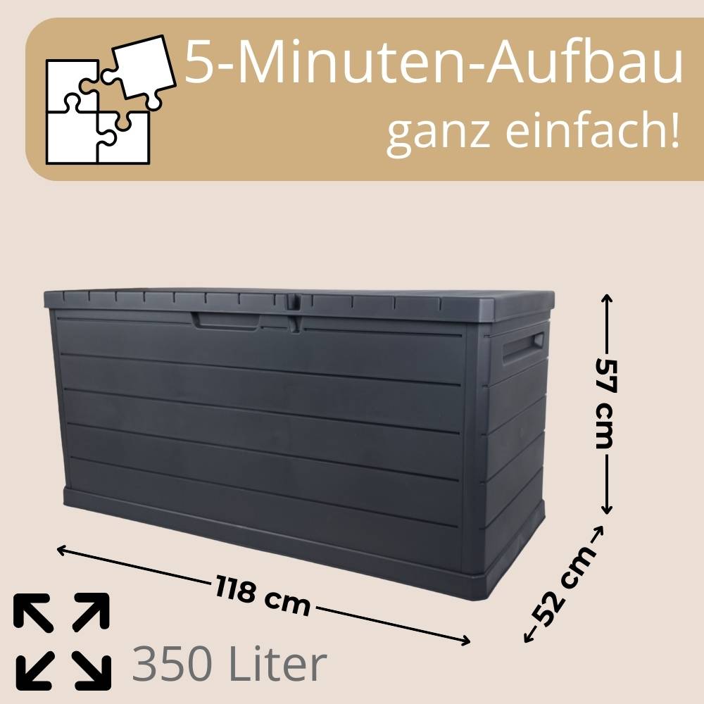 Eine schwarze Aufbewahrungsbox mit den Maßen 118 cm Breite, 57 cm Höhe und 52 cm Tiefe mit einem Fassungsvermögen von 350 Litern. Der Text im Bild lautet „5-Minuten-Aufbau ganz einfach!