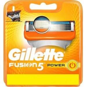 Gillette Fusion5 Power Rasierklingenpaket mit leuchtend orange und gelber Gestaltung. Das Bild zeigt eine Nahaufnahme der Klinge.
