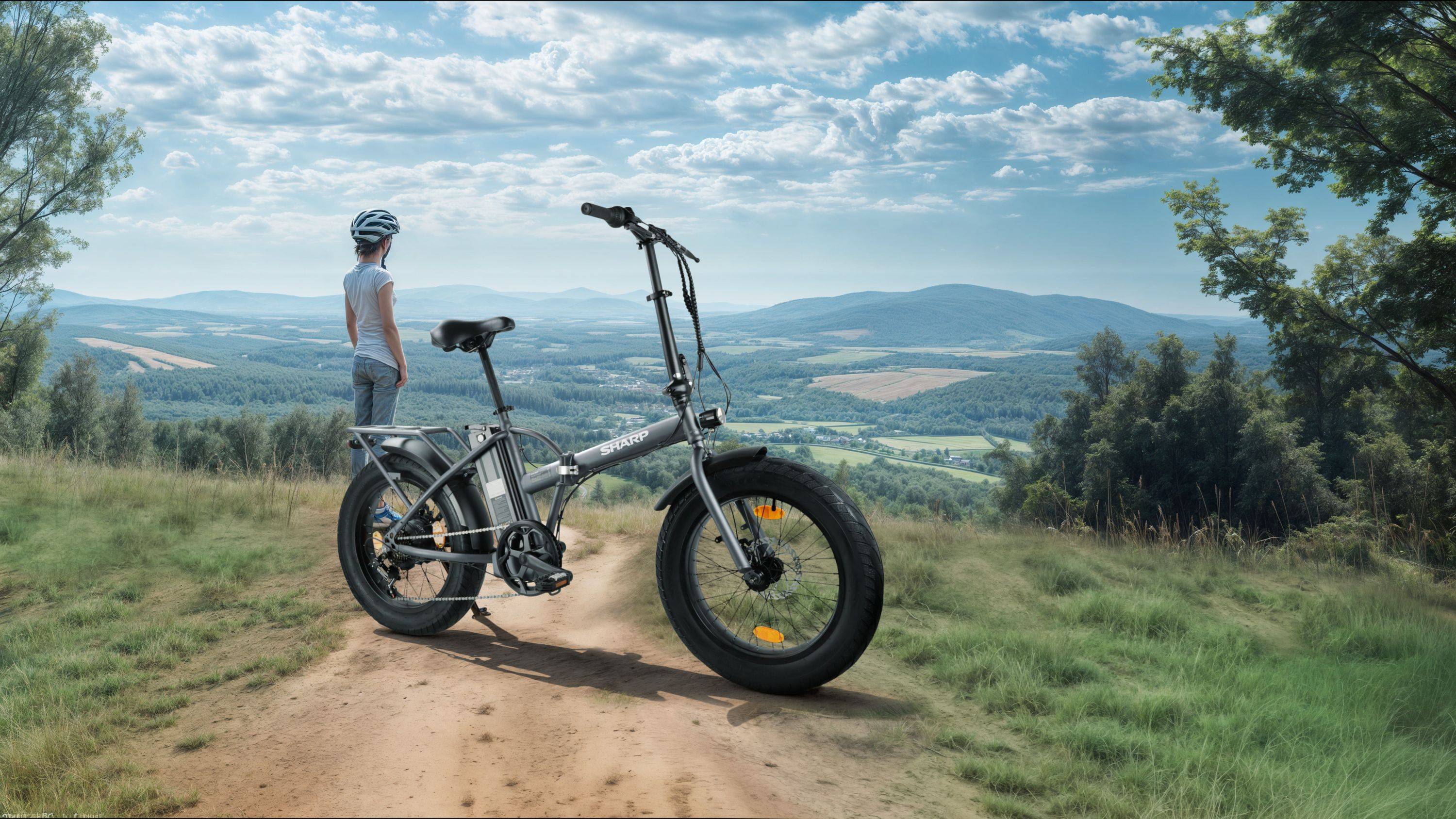 Eine Person mit Helm steht neben einem geparkten Fahrrad auf einem Feldweg und blickt auf eine weite Landschaft mit Hügeln und Feldern unter einem bewölkten Himmel.