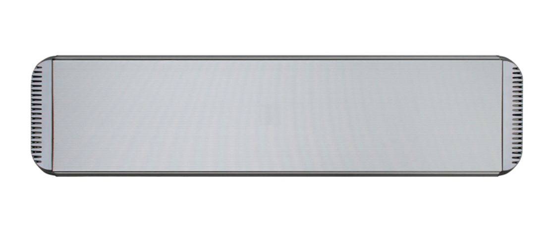 Ein flaches rechteckiges metallisches Paneel mit feinen horizontalen Linien, umrahmt von dünnen schwarzen Rändern.