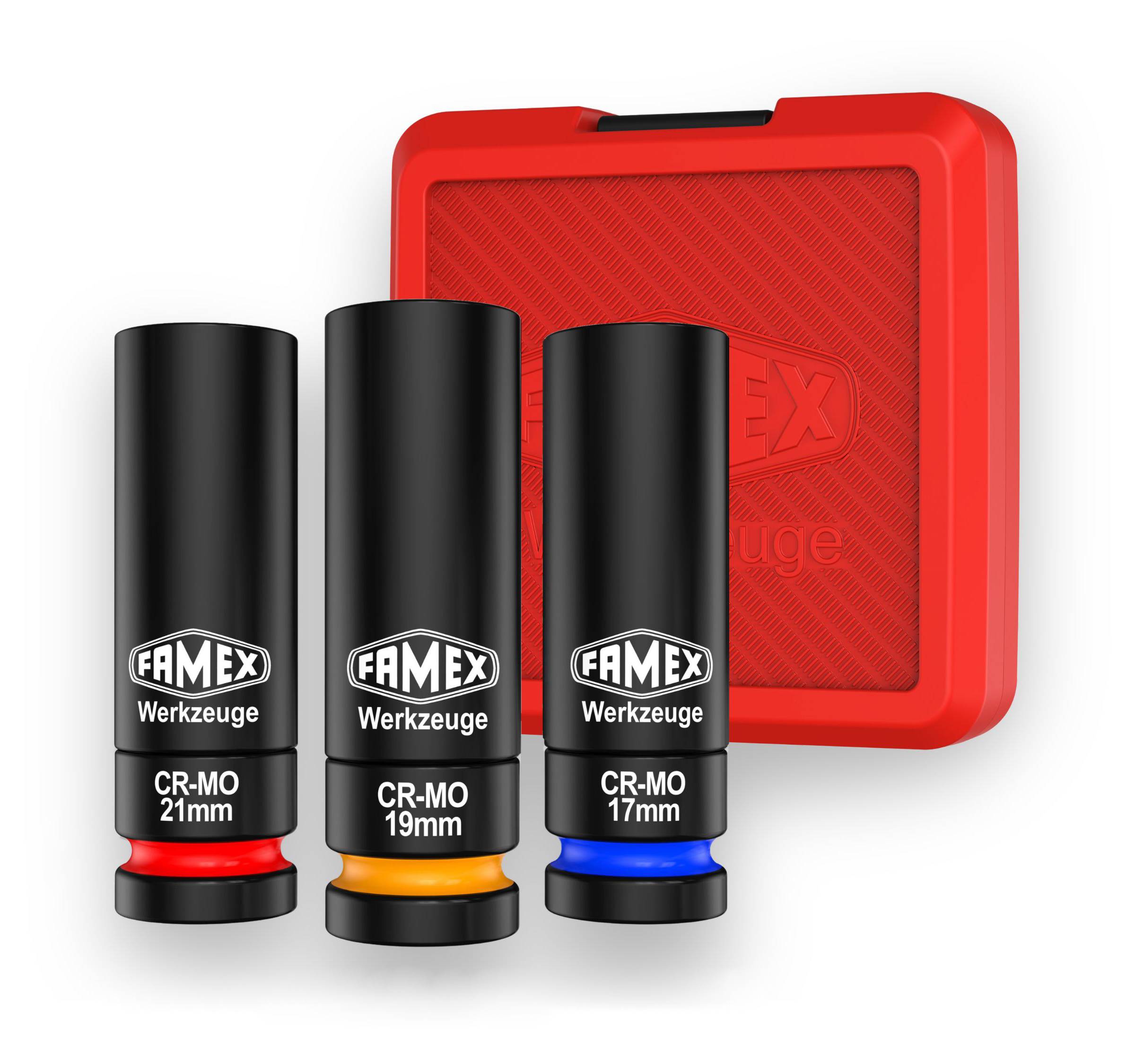 „Drei Famex-Steckschlüssel mit Farbringen (rot, gelb, blau) beschriftet mit 21mm, 19mm, 17mm. Sie stehen vor einer roten Kiste.