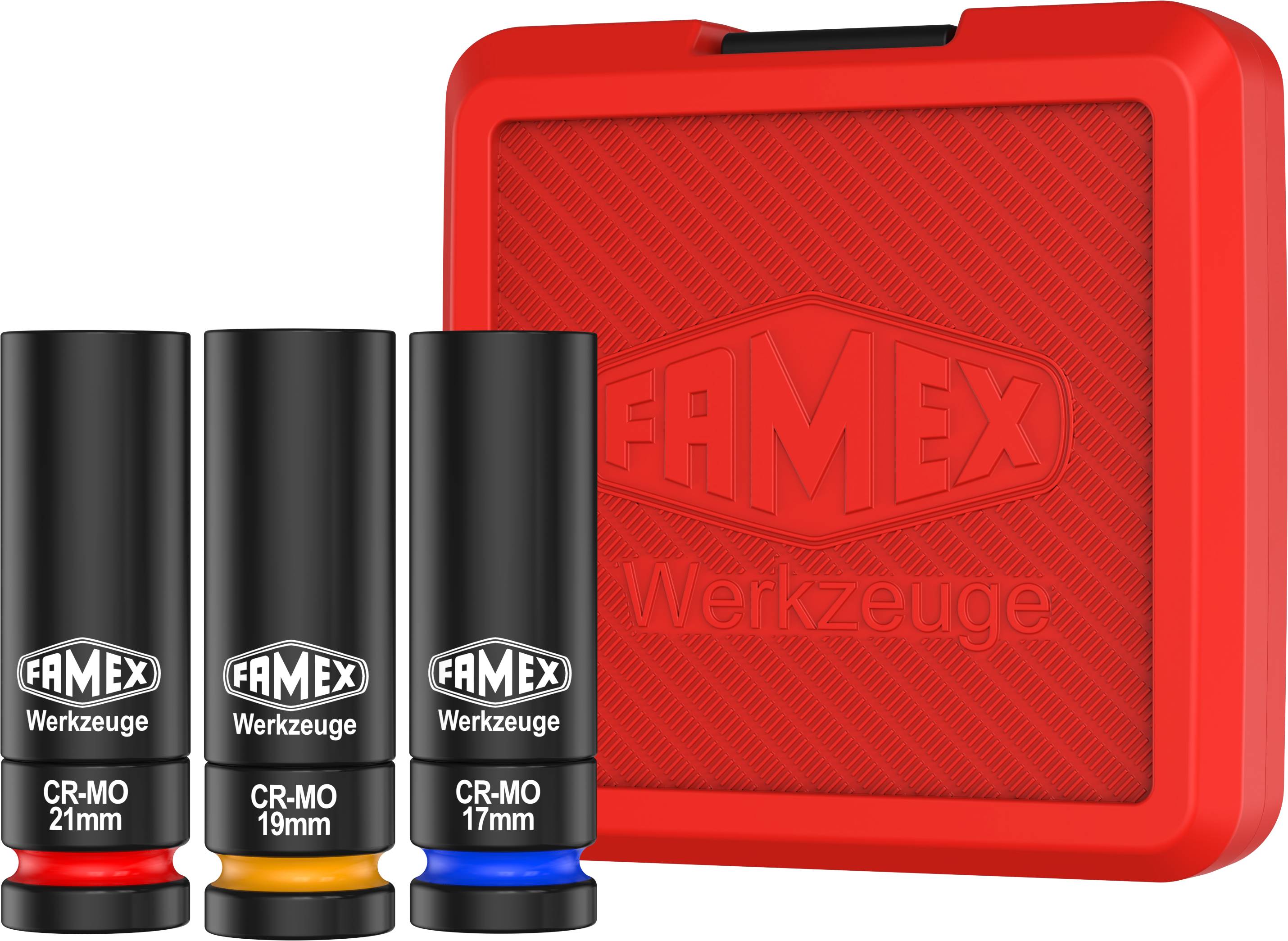 FAMEX 10807 Profi Schoneinsätze, Radmutteinsätze aus Chrom-Molybdän Stahl 17 / 19 / 21 mm, äußerst robust