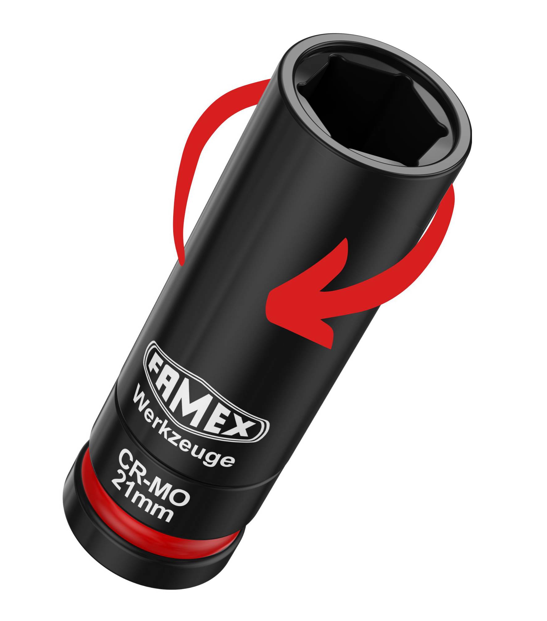 Ein schwarzer 21-mm-CR-MO-Steckschlüssel mit roten Pfeilen, die die Drehrichtung anzeigen, gekennzeichnet mit „Famex Werkzeuge