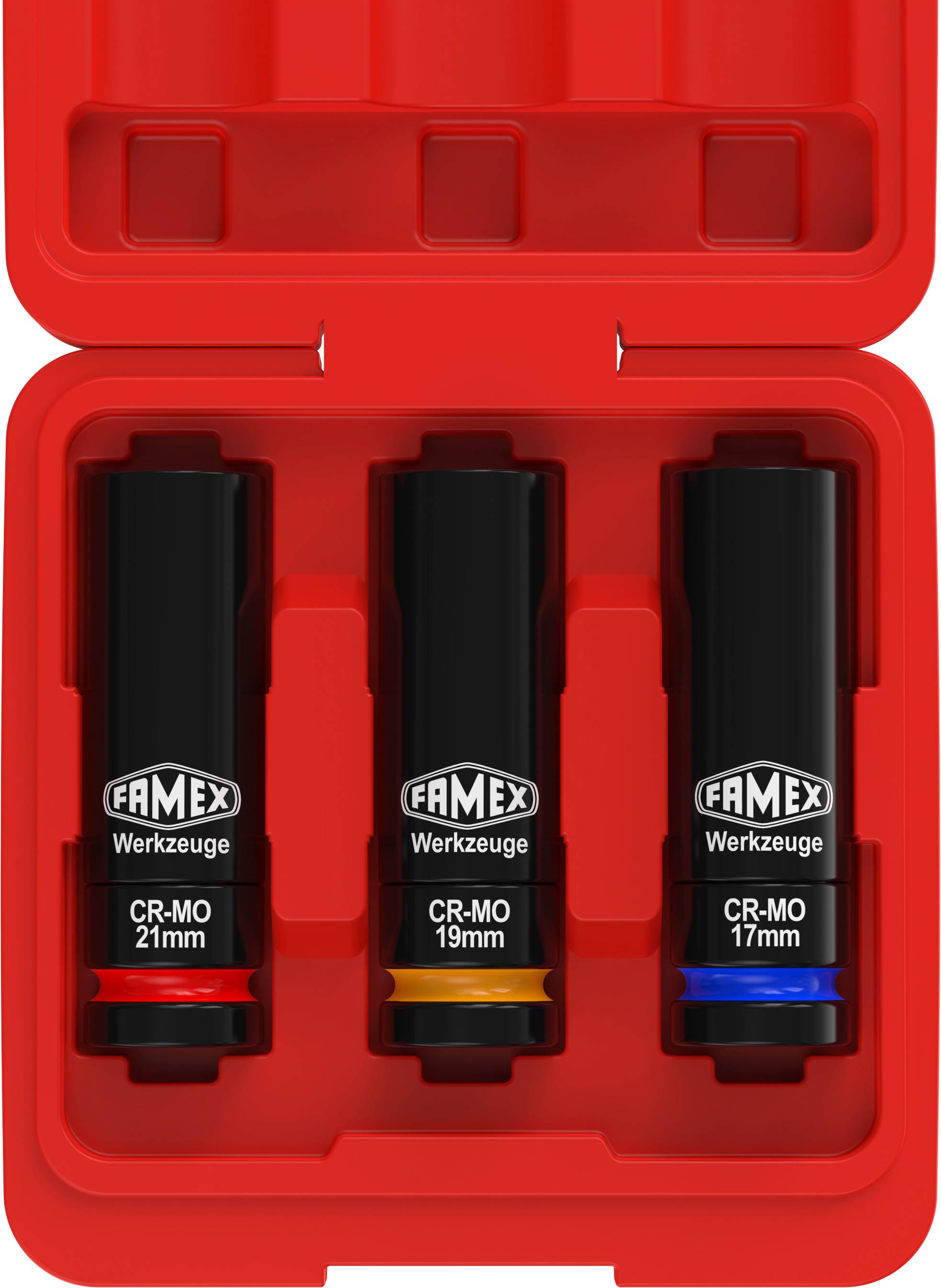 Eine rote Werkzeugkiste mit drei schwarzen FAMEX CR-MO Steckschlüsseln mit den Größen 21mm, 19mm und 17mm, die jeweils mit einem farbigen Band gekennzeichnet sind.