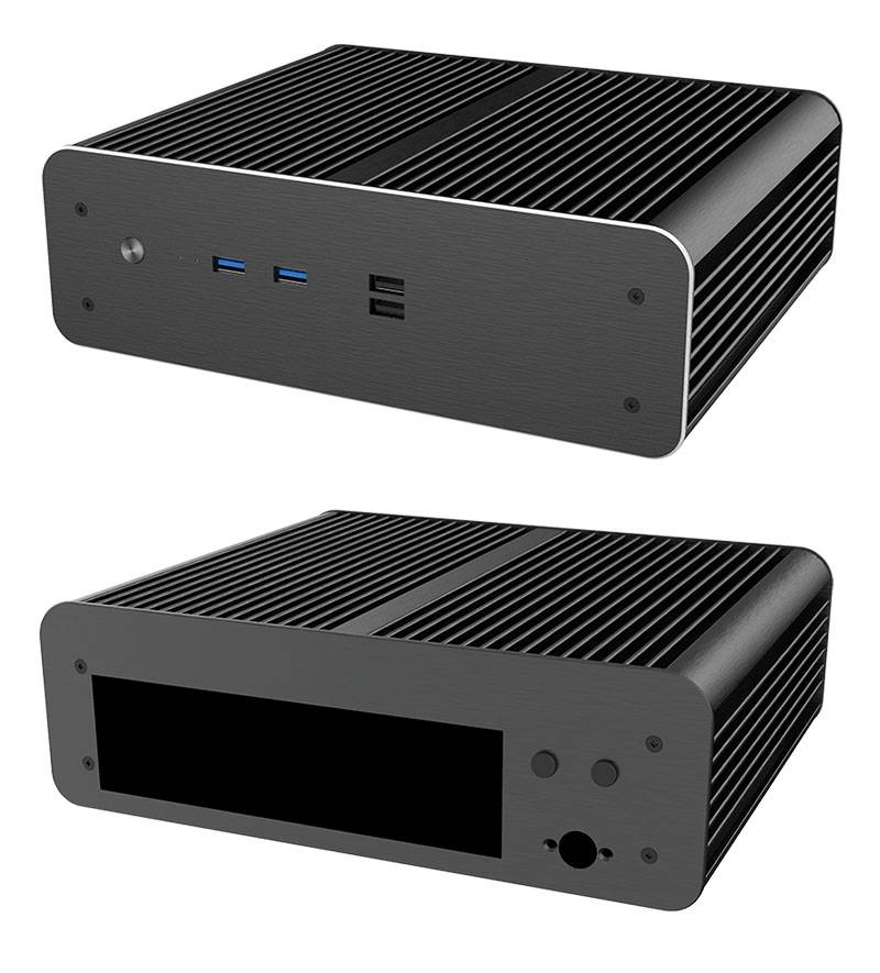 Ein schwarzes Mini-PC-Gehäuse mit Lüftungsschlitzen oben und an den Seiten, ausgestattet mit USB-Anschlüssen, einem Netzschalter und einem Platz für ein LCD-Display.