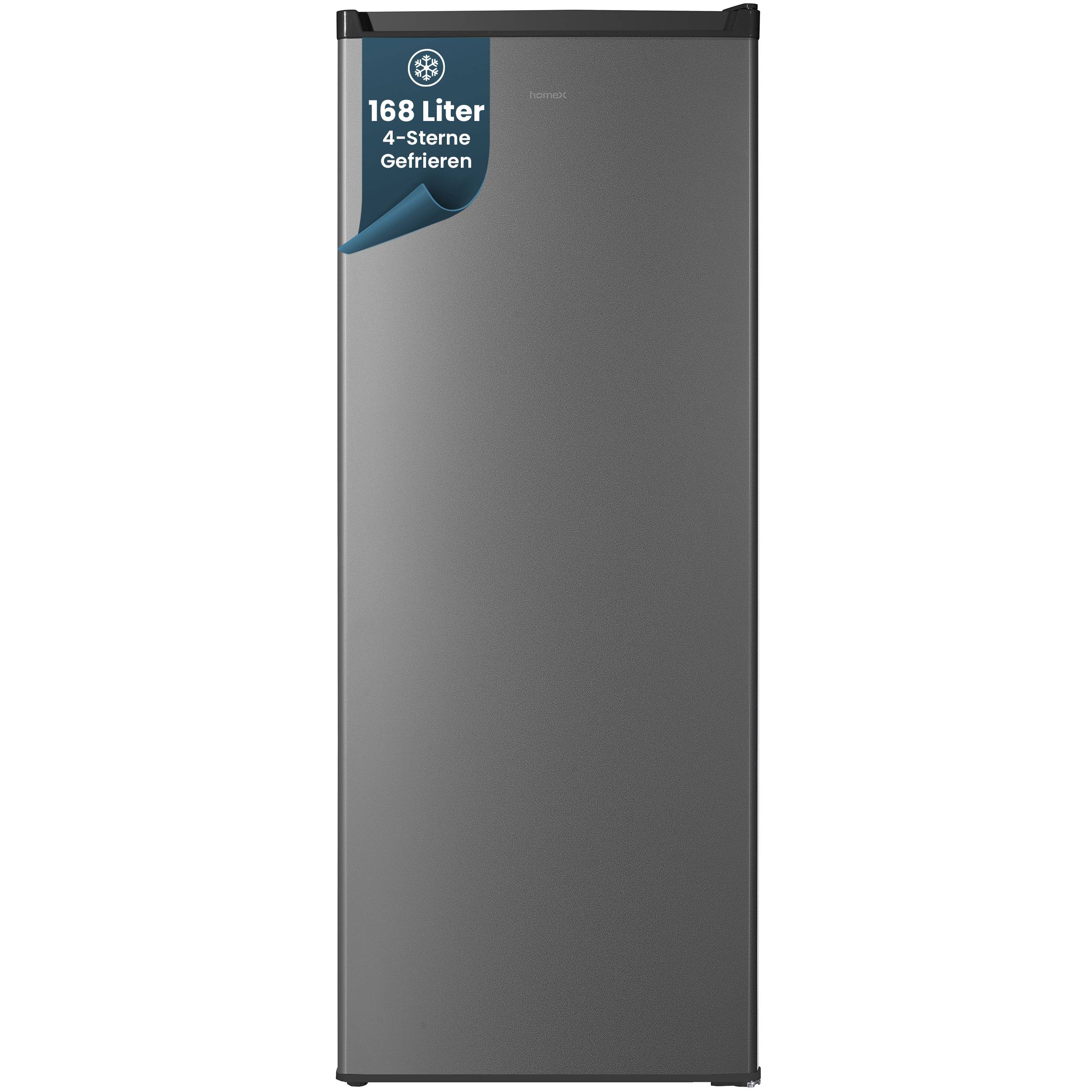 Ein aufrechter Gefrierschrank aus Silber mit einem Etikett, das „168 Liter, 4-Sterne-Gefrierschrank