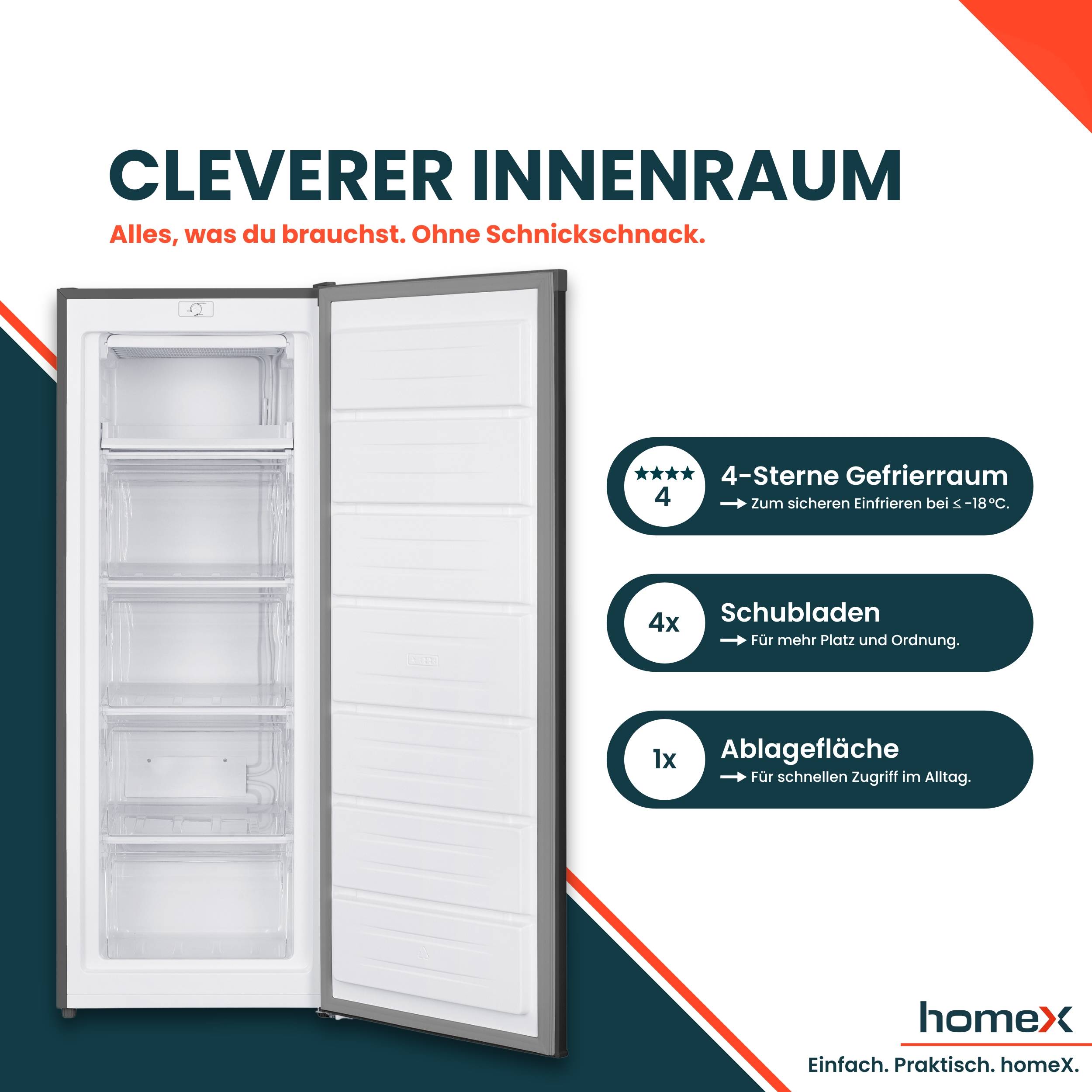 „Offener Kühlschrank mit vier durchsichtigen Regalen. Der Text hebt einen „4-Stern-Gefrierschrank