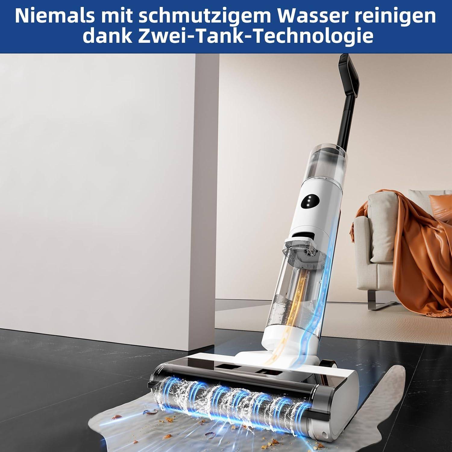 Ein kabelloses Staubsaugermodell mit innovativer Dual-Tank-Technologie zum Reinigen mit nur frischem Wasser. Der Text lautet: „Niemals mit schmutzigem Wasser reinigen dank Zwei-Tank-Technologie
