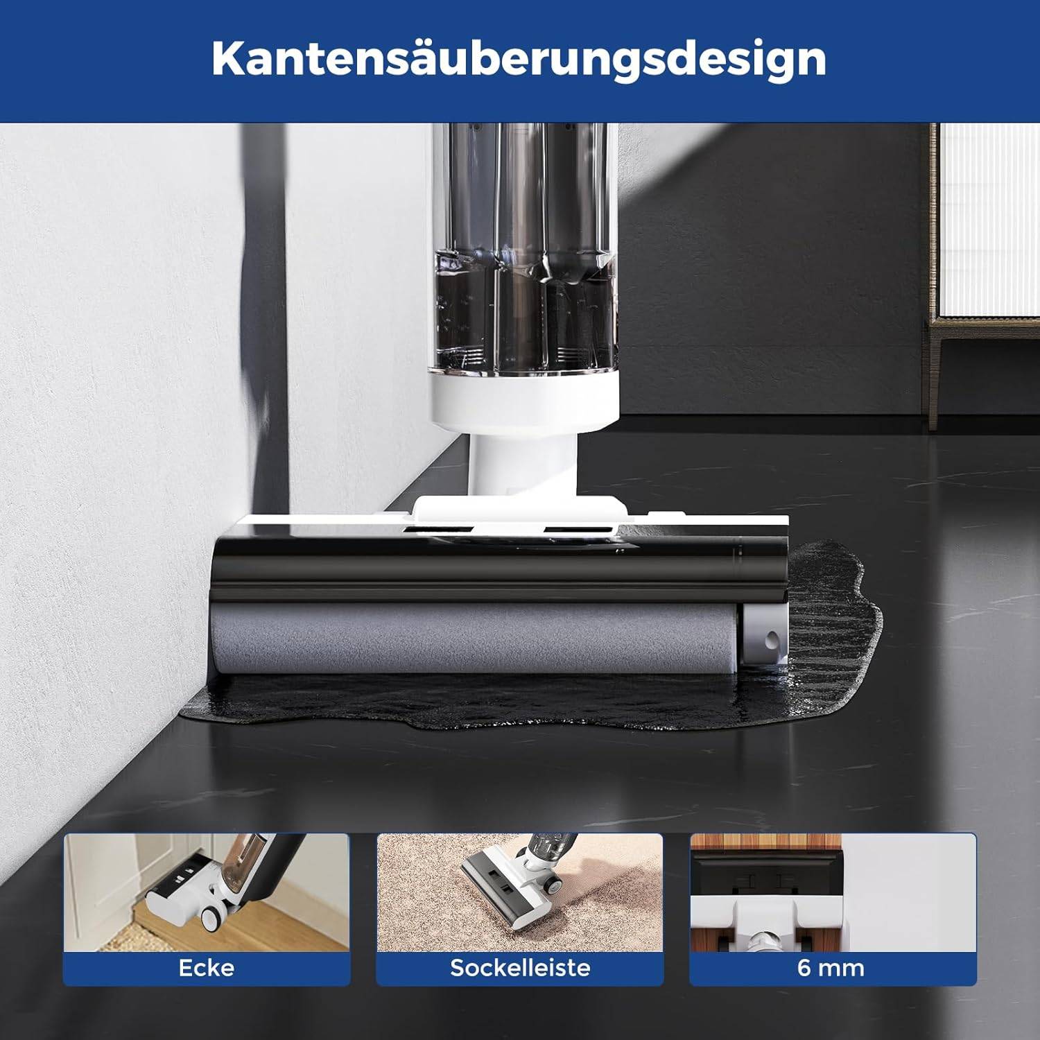 Kantensäuberungsdesign' Text, Ecken- und Sockelleistenreinigung, 6 mm Abstand. Das Bild zeigt ein Reinigungsgerät, das eine Flüssigkeit in Wandnähe absaugt.