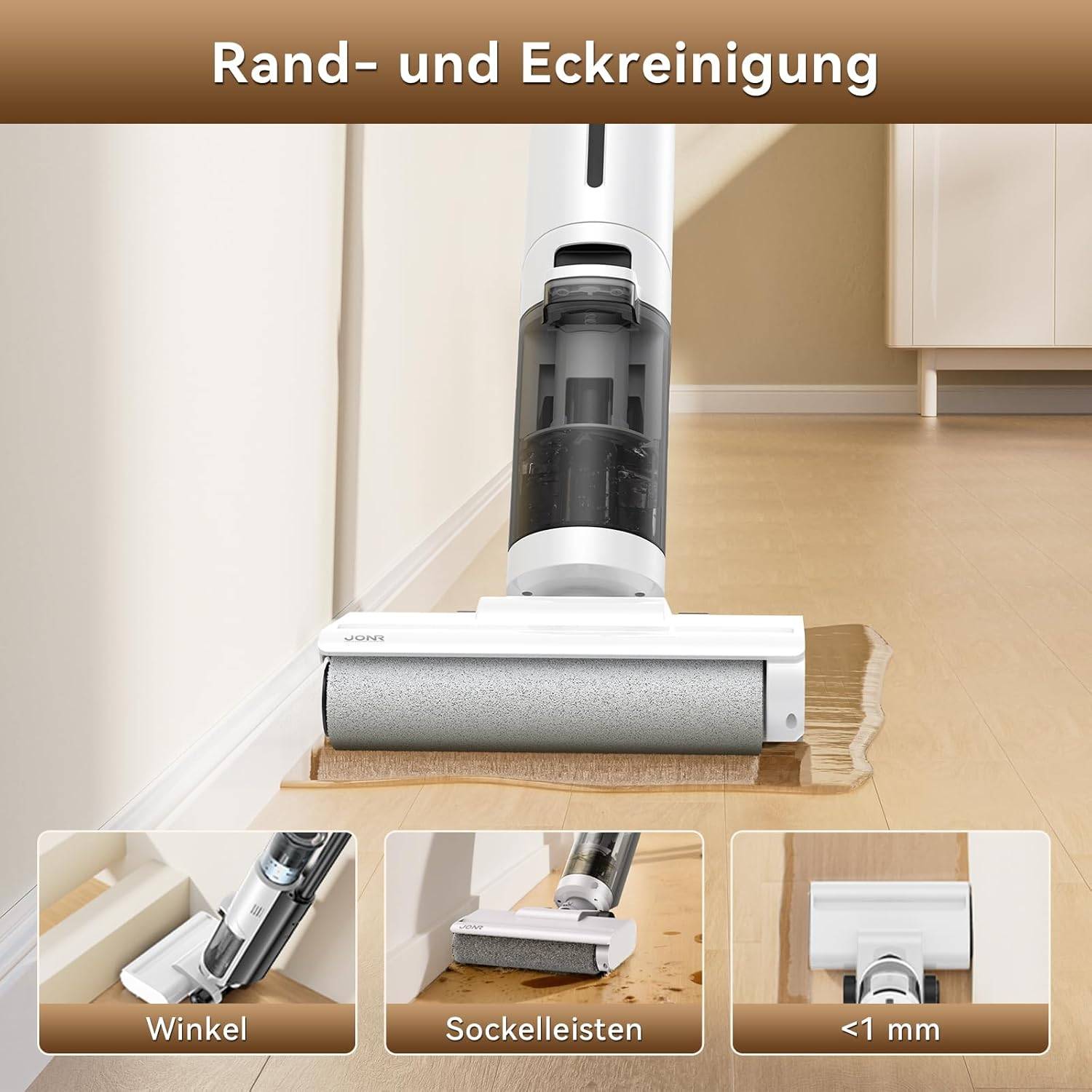 JONR ED12 Lite Nass-Trockensauger Kabellos mit Akku, Selbstreinigung, 3-in-1 Saug- und Wischfunktion, 1 mm Kantenreinigung, Anti-Verwicklungs-Design