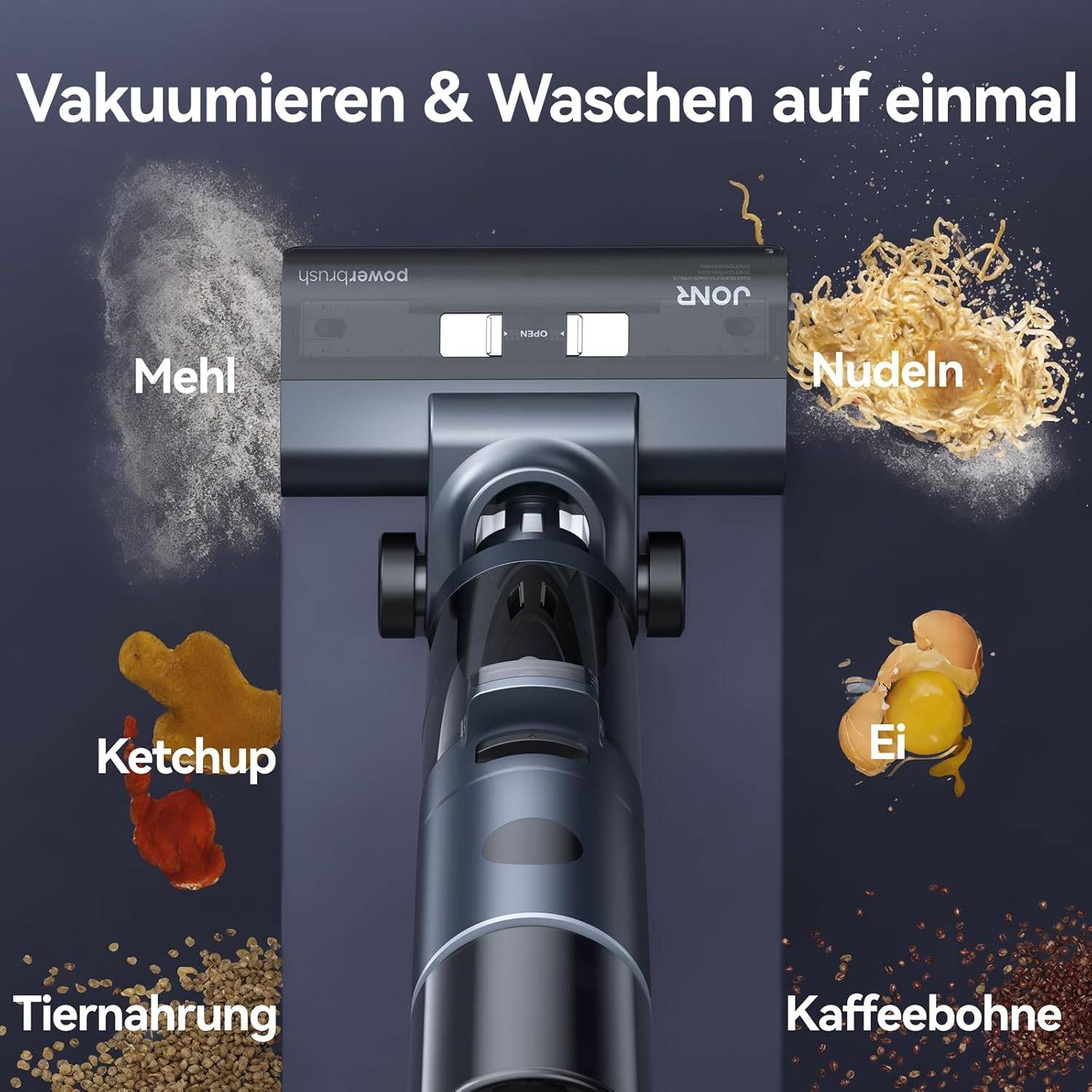 Vakuumieren & Waschen auf einmal' über einem Staubsauger umgeben von Mehl, Nudeln, Ei, Kaffeebohnen, Tierfutter und Ketchup.