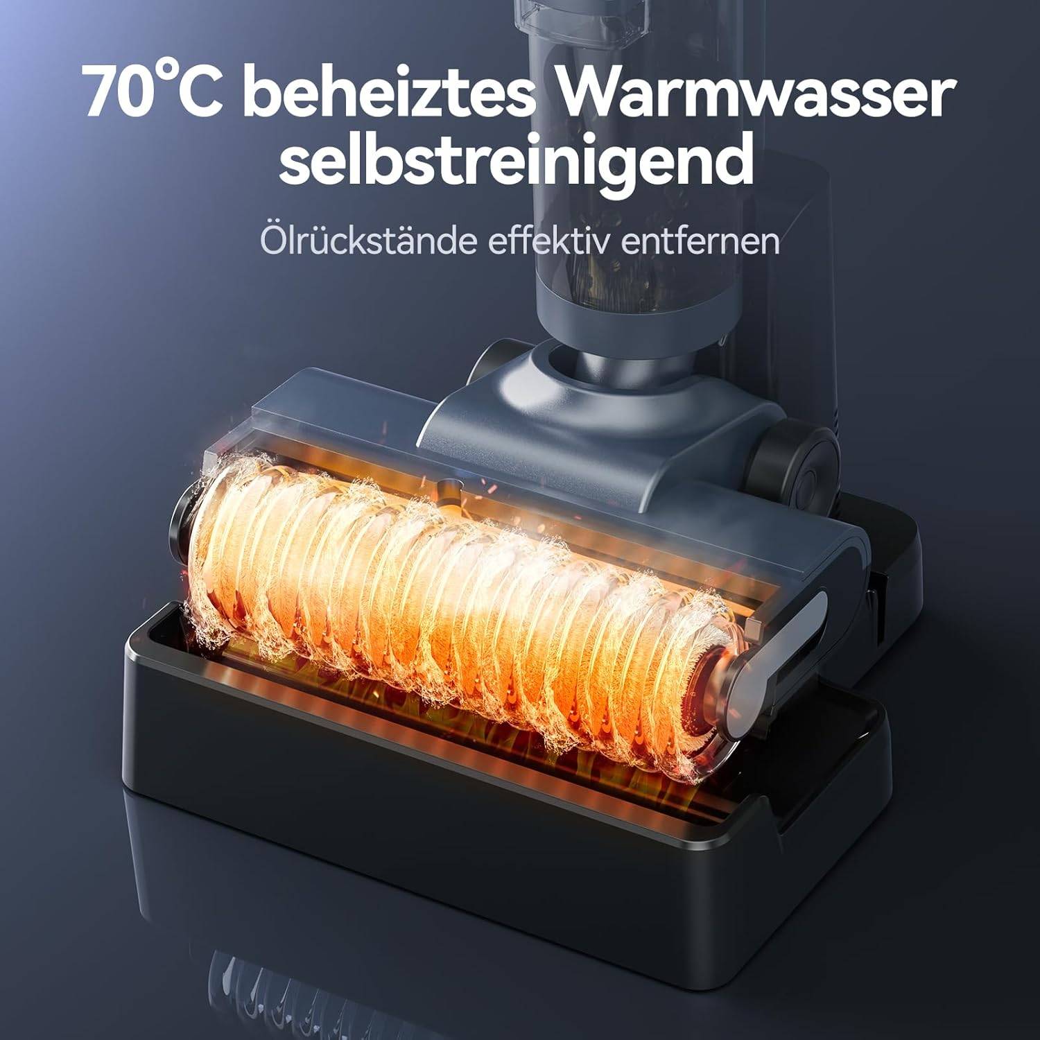 70°C beheiztes Warmwasser selbstreinigend. Ölrückstände effektiv entfernen.' Das Bild zeigt ein Gerät, das seine Selbstreinigungsfunktion mit beheiztem Wasser veranschaulicht.