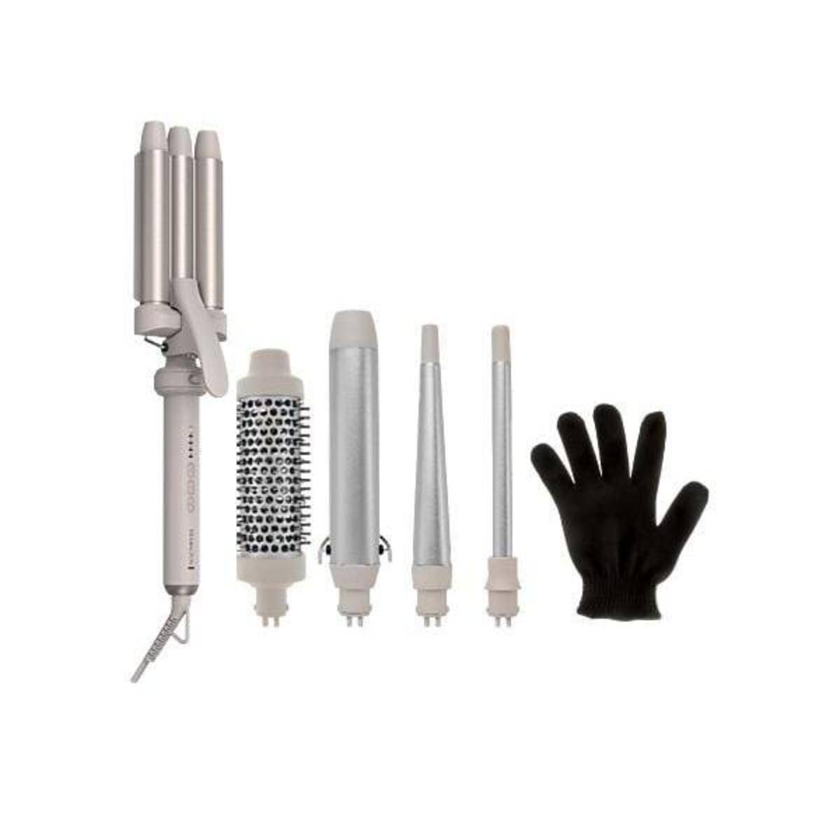 Haarstyling-Set mit einem Mehrbügel-Lockenstab, austauschbaren Bürsten- und Lockenwickel-Aufsätzen sowie einem schwarzen hitzebeständigen Handschuh auf weißem Hintergrund.