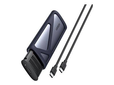 Externe Festplatte mit elegantem, dunkelblauem Design. Enthält zwei USB-C-Kabel zur Datenübertragung.