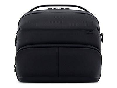 Schwarze Dell-Laptoptasche mit Griff und vorderer Reißverschlusstasche, entworfen zum Transportieren eines Laptops und Zubehörs.