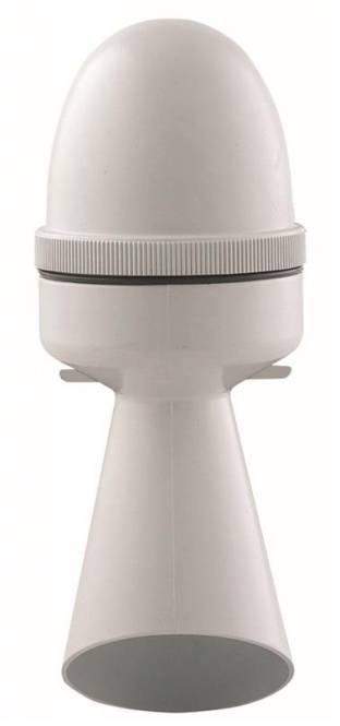 Eine weiße Satellitenschüssel-LNB, zylindrisch mit breiterer Oberseite, wird zum Empfang von Satellitensignalen verwendet.