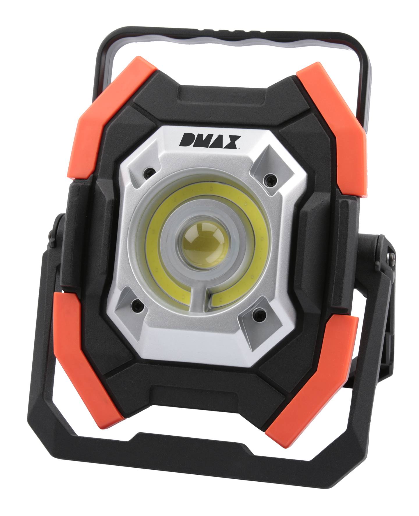 Tragbare LED-Arbeitsleuchte mit quadratischem Design, mit einer zentralen kreisförmigen LED-Glühbirne, schwarzem Rahmen, roten Akzenten und dem Etikett „DMAX